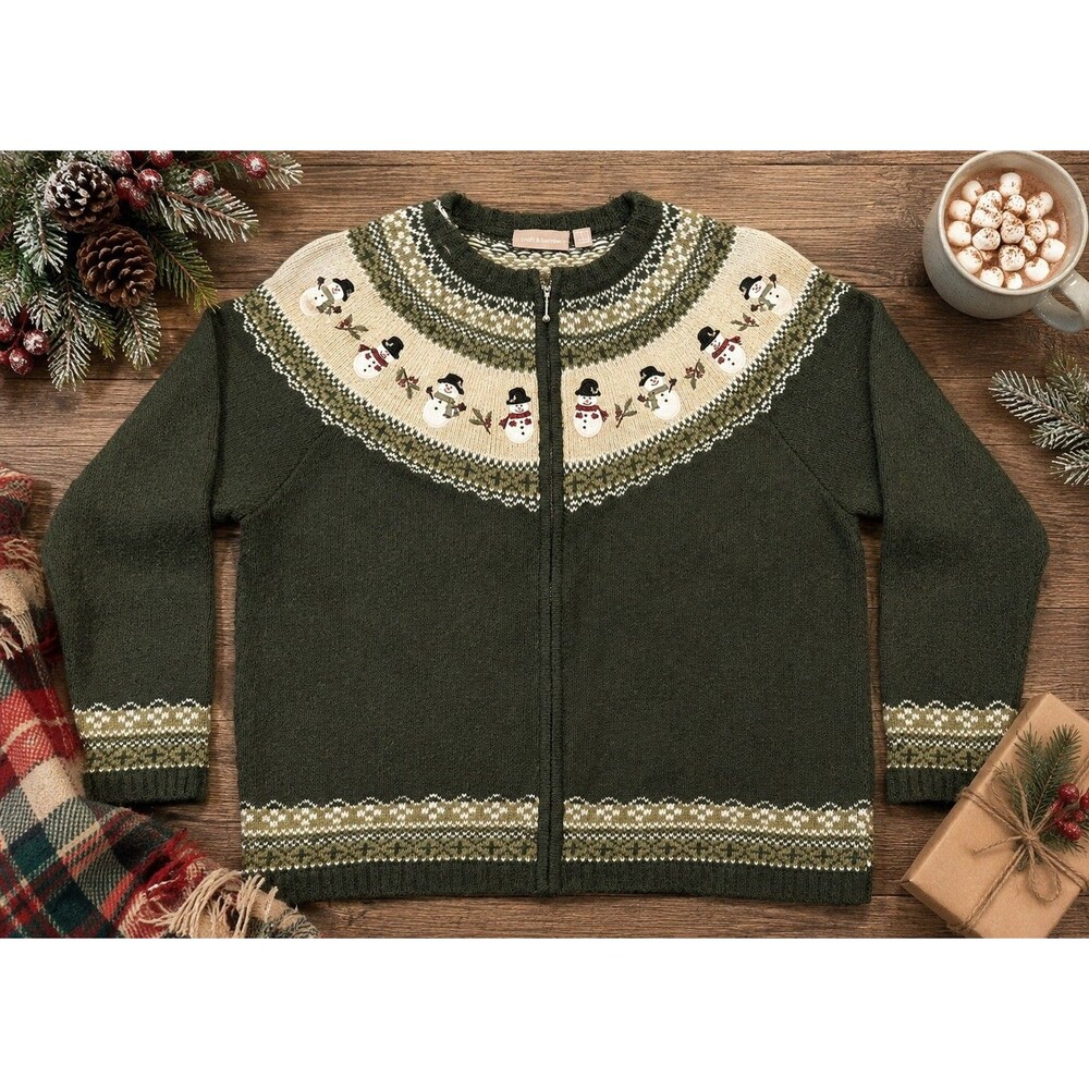 Croft & Barrow christmas Sweater Zip Embroidered Winter large cardigan green